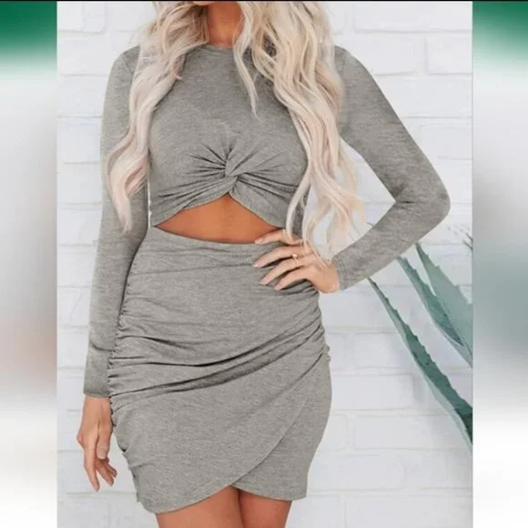 Long Sleeve Cut Out Twist Bodycon Dress - Picture 1 of 7